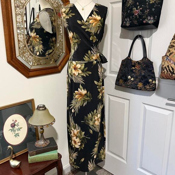 Maggy London Dresses & Skirts - VTG 90s Maggy L Black, Yellow & Green 100% Silk Tropical Floral Wrap Midi Dress